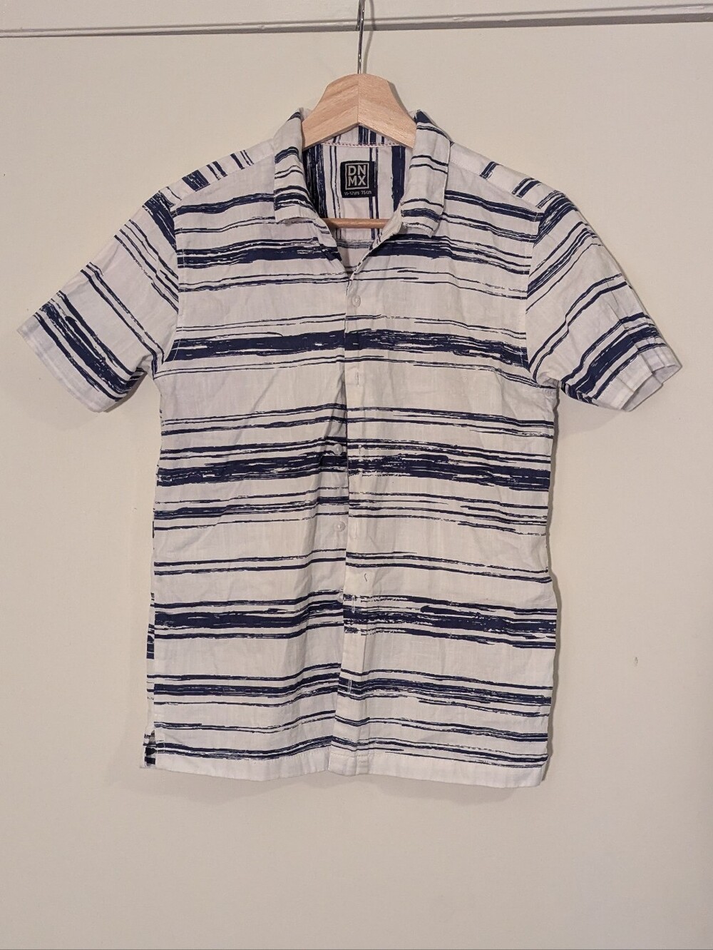 Kids' Short-Sleeve Button-Down Shirt in White with Navy Stripes, 11-12y